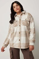 Ardene Plaid Sherpa Lined Shacket in Beige | Size | Polyester