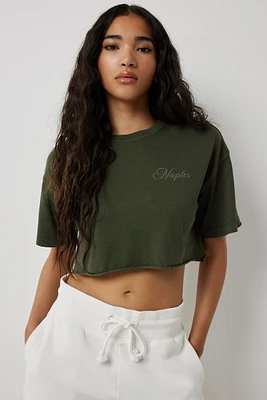 Ardene Raw Hem Crop T-Shirt in Dark Green | Size