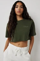 Ardene Raw Hem Crop T-Shirt in Dark Green | Size