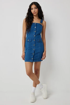 Ardene Button Front Denim Overall Dress in Blue | Size | Polyester/Spandex/Cotton