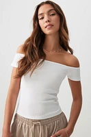 Ardene Ribbed Off Shoulder Top in White | Size | Cotton/Elastane