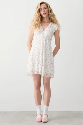 Ardene Velvet Trim Lace Mini Dress in White | Size | Polyester/Spandex