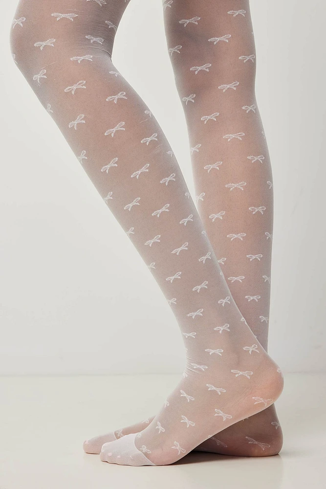 Ardene Sheer Tights with Small Bows in White | Size Small | Polyester/Spandex