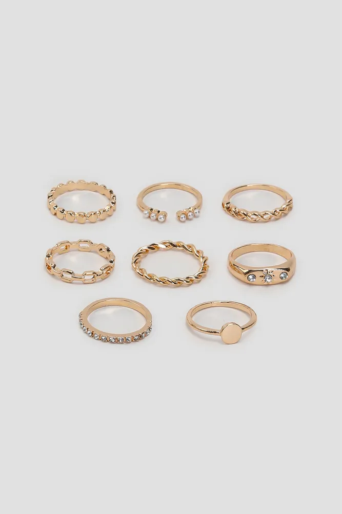 Ardene 8-Pack Embellished Celestial Rings in Gold | Size