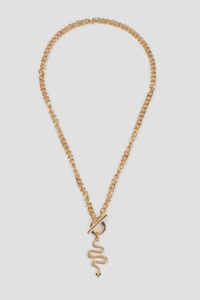 Ardene Toggle & Snake Curb Chain Necklace in Gold