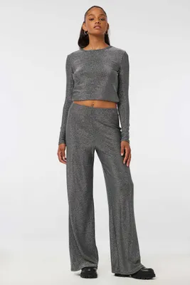 Ardene Shiny Wide Leg Pants in Silver | Size Medium | Polyester/Elastane