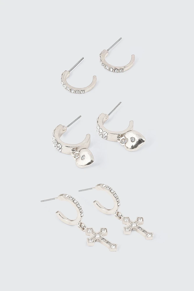 Ardene 3-Pack Heart & Cross Hoop Earrings in Silver | Stainless Steel