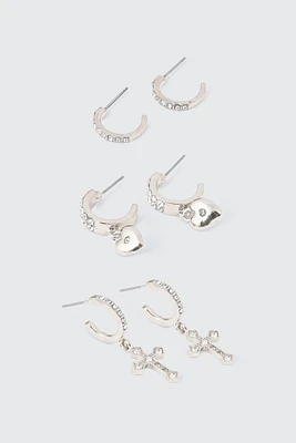 Ardene 3-Pack Heart & Cross Hoop Earrings in Silver | Stainless Steel