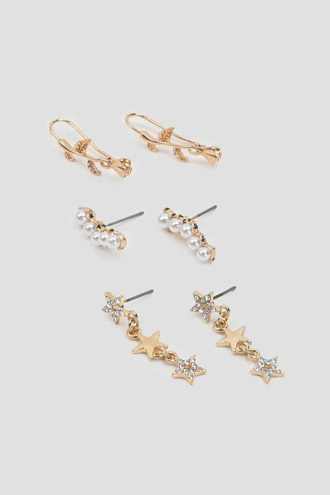 Ardene 3-Pack Pearl & Star Drop Earrings in Gold | Stainless Steel