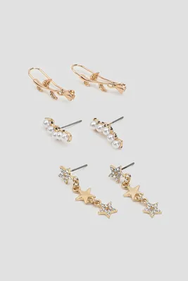 Ardene 3-Pack Pearl & Star Drop Earrings in Gold | Stainless Steel
