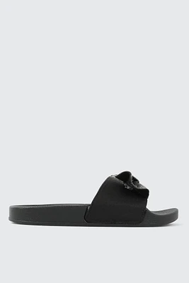 Ardene Rhinestone Bow Slides in Black | Size
