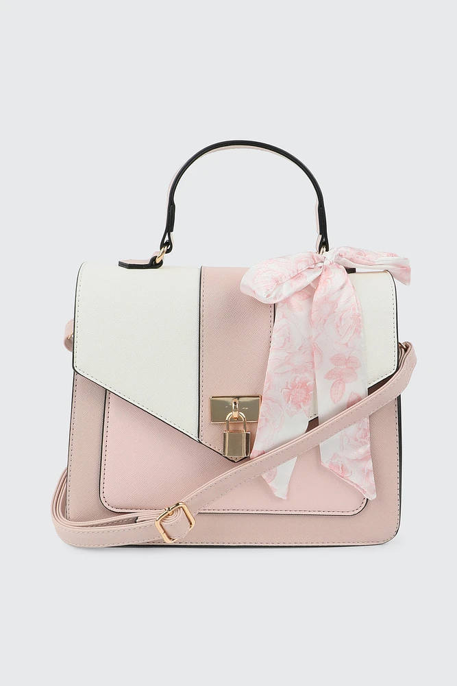 Ardene Top Handle Square Bag with Scarf Detail in Light Pink | 100% Recycled Polyester/Faux Leather | Eco-Conscious