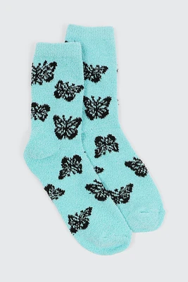 Ardene Butterfly Cozy Socks in Light Blue | Polyester/Spandex