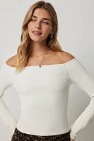 Ardene Off Shoulder Shape Knit Sweater in White | Size | Nylon/Elastane