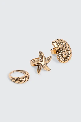 Ardene 3-Pack Starfish & Seashell Rings in Gold | Size