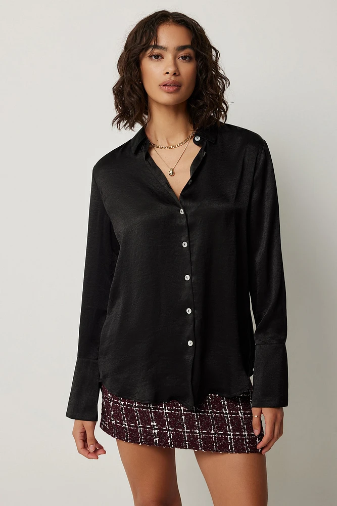 Ardene Flared Sleeve Satin Shirt in Black | Size | Polyester