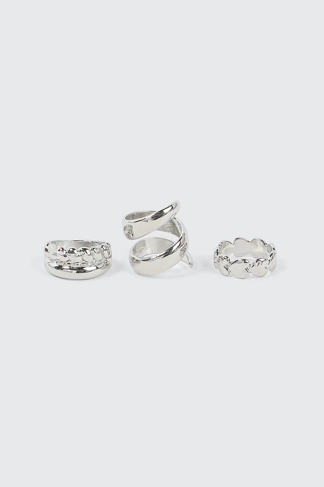 Ardene 3-Pack Twist & Heart Rings in Silver | Size