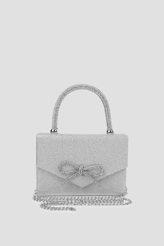 Ardene Evening Bag With Crystal Bow Detail in Silver