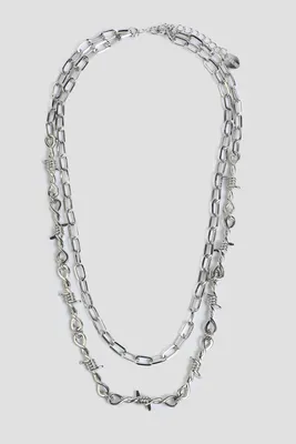 Ardene Two-Row Paperclip & Barb Wire Necklace in Silver