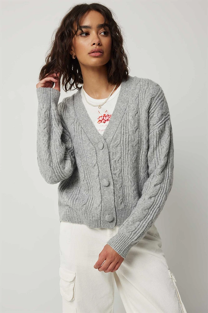 Ardene Cable Knit V-Neck Cardigan in Grey | Size | Polyester | Eco-Conscious