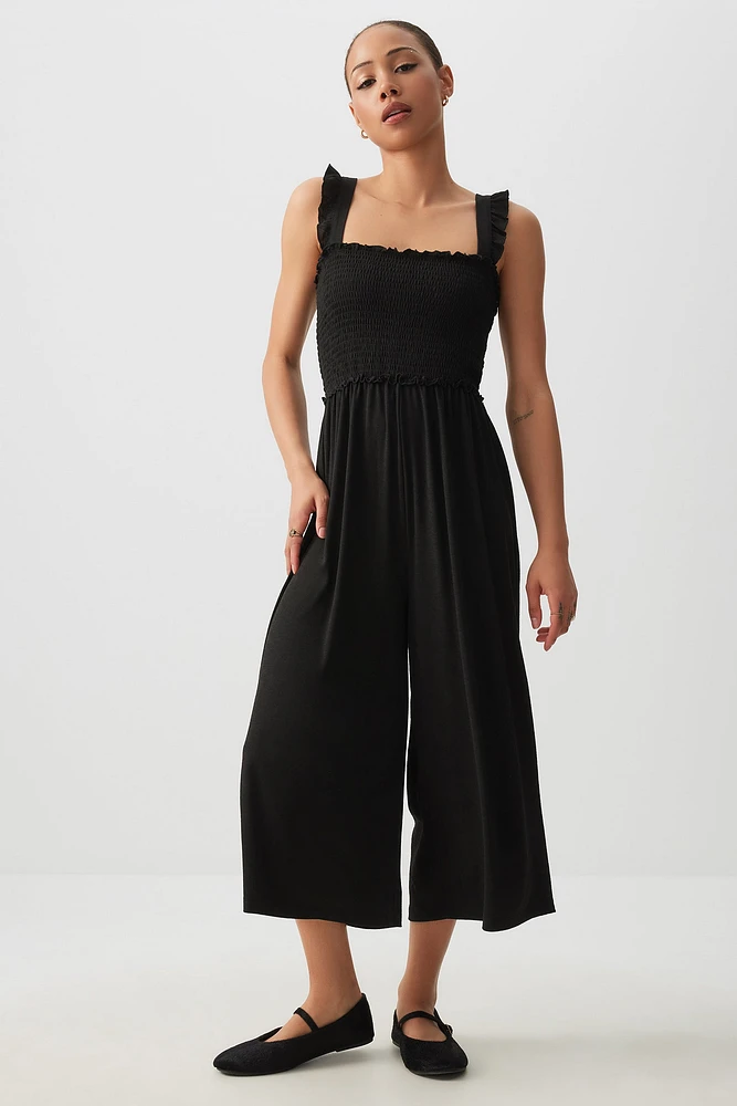 Ardene Ruffle Strap 7/8 Jumpsuit in Black | Size | Polyester/Elastane