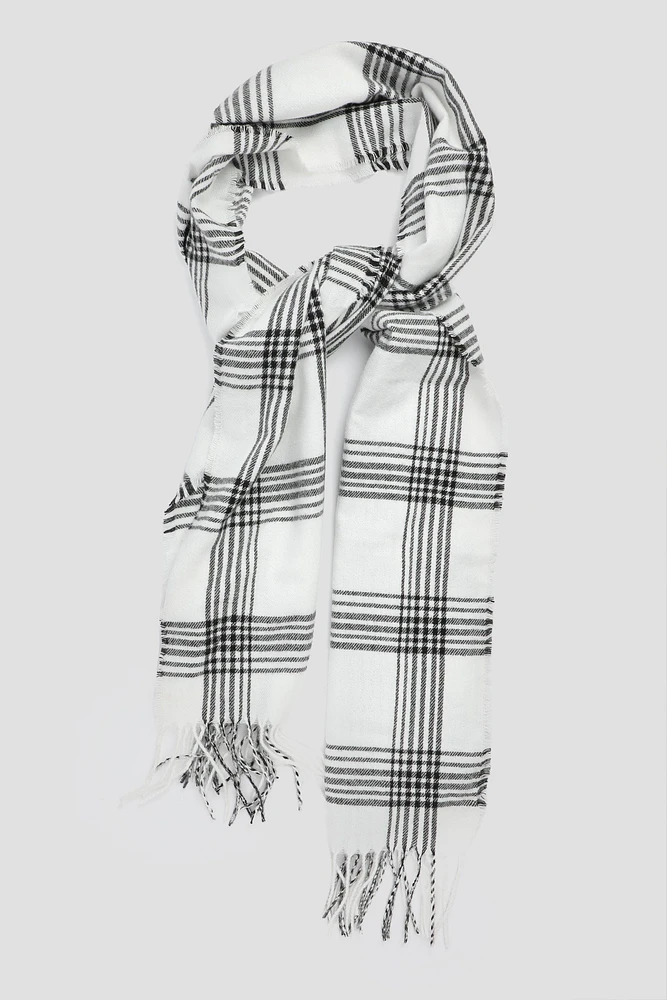 Ardene Super Soft Fringed Plaid Scarf in White | Polyester