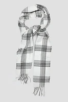 Ardene Super Soft Fringed Plaid Scarf in White | Polyester