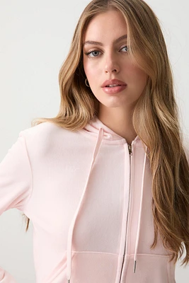 Ardene Velvet Zip Up Hoodie in Light Pink | Size | Polyester/Elastane | Eco-Conscious