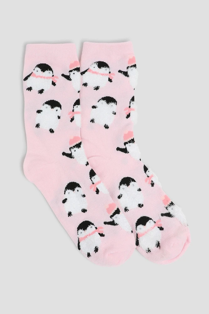 Ardene Crew Socks with Fuzzy Penguins in Light Pink | Polyester/Nylon/Spandex