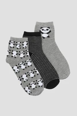 Ardene 3-Pack Panda Demi Crew Socks in Grey | Polyester/Elastane