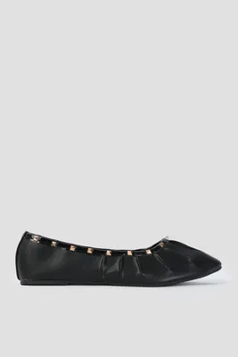 Ardene Pleated Flats with Stud Details in Black | Size | Faux Leather