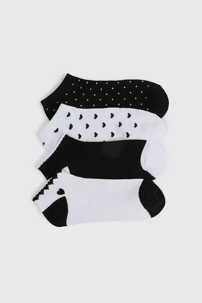 Ardene 4-Pack Polka Dot & Heart Ankle Socks in Black | Polyester/Spandex