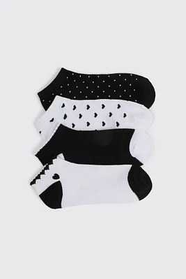 Ardene 4-Pack Polka Dot & Heart Ankle Socks in Black | Polyester/Spandex