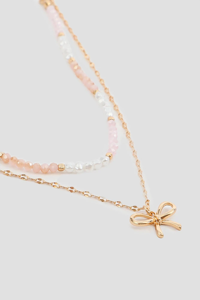 Ardene Two-Row Bow & Bead Necklace in Gold