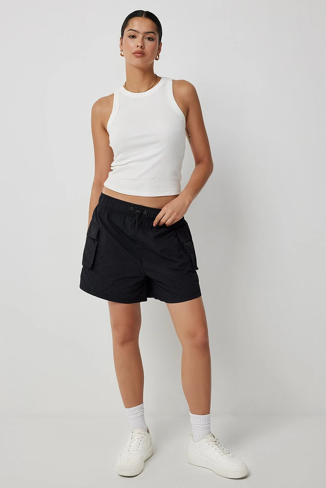 Ardene High Rise Nylon Track Shorts in Black | Size