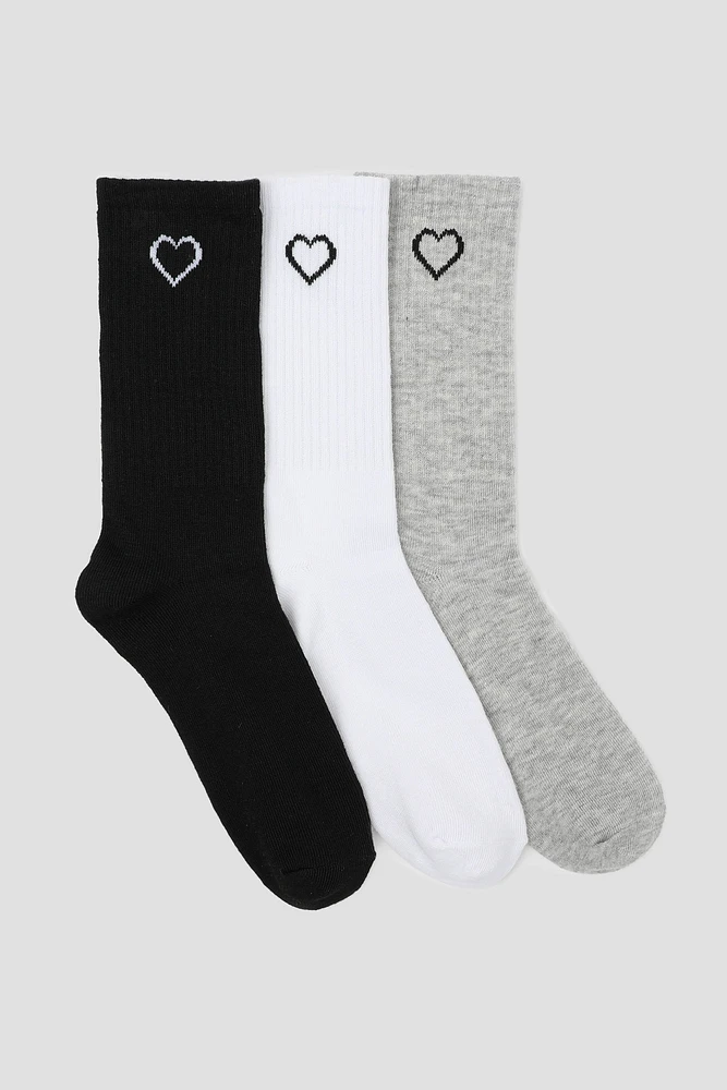 Ardene 3-Pack Heart Ribbed Crew Socks in Grey | Polyester/Spandex