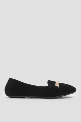 Ardene Loafers with Flat Chain Detail in Black | Size | Faux Leather