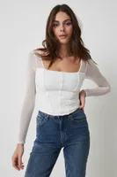 Ardene Long Sleeve Mesh Top with Bustier Seams in White | Size | Polyester/Elastane