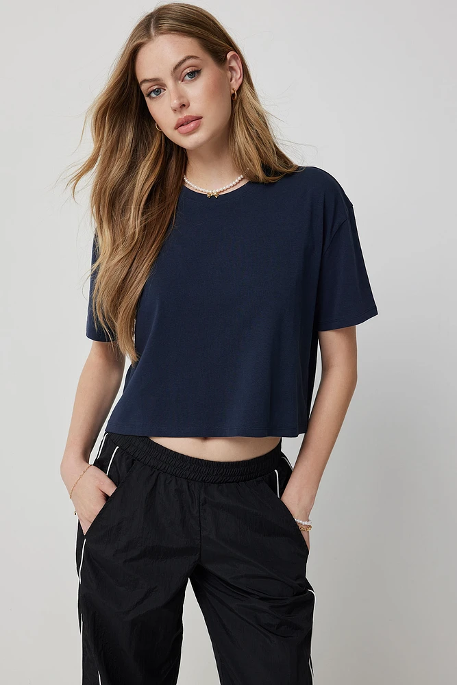 Ardene Basic Crop Boxy T-Shirt in Dark Blue | Size Large | Cotton/Elastane | Eco-Conscious