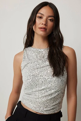 Ardene A.C.W. Sequined Ruched Crop Tank Top in Silver | Size | Polyester/Elastane