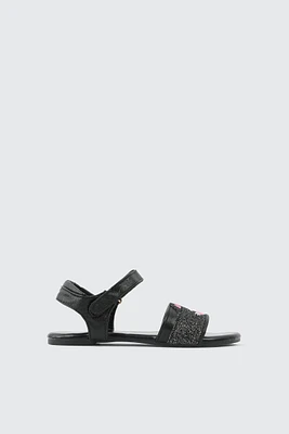 Ardene Kids Strappy Sandals with Cat Face Design in Black | Size | Faux Leather