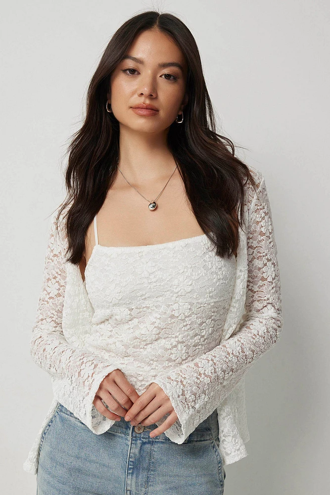 Ardene Crop Lace Tank in White | Size | Polyester/Cotton/Elastane