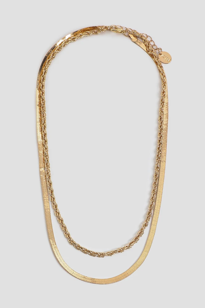 Ardene Two-Row Flat & Twisted Chain Necklace in Gold