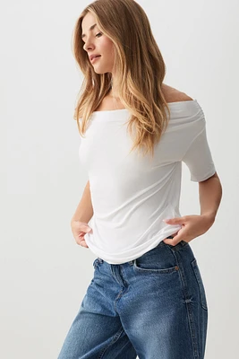 Ardene Off Shoulder Long T-Shirt in White | Size | Elastane/Viscose