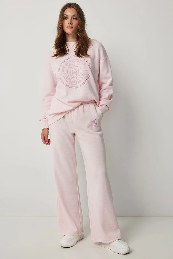 Ardene Wide Leg Sweatpants with Ballet Shoes Embroidery in Light Pink | Size | Polyester/Cotton | Fleece-Lined