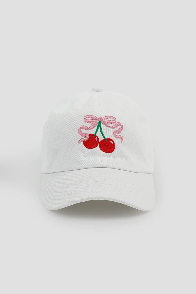 Ardene Cherry Embroidered Cap in White | 100% Cotton