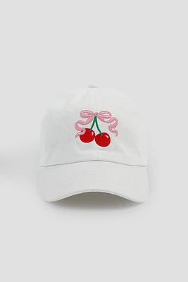 Ardene Cherry Embroidered Cap in White | 100% Cotton