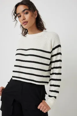 Ardene Striped Raglan Sweater in White | Size | Cotton