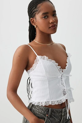 Ardene Tie Front Tank Top with Lace Trim in White | Size | Polyester/Spandex