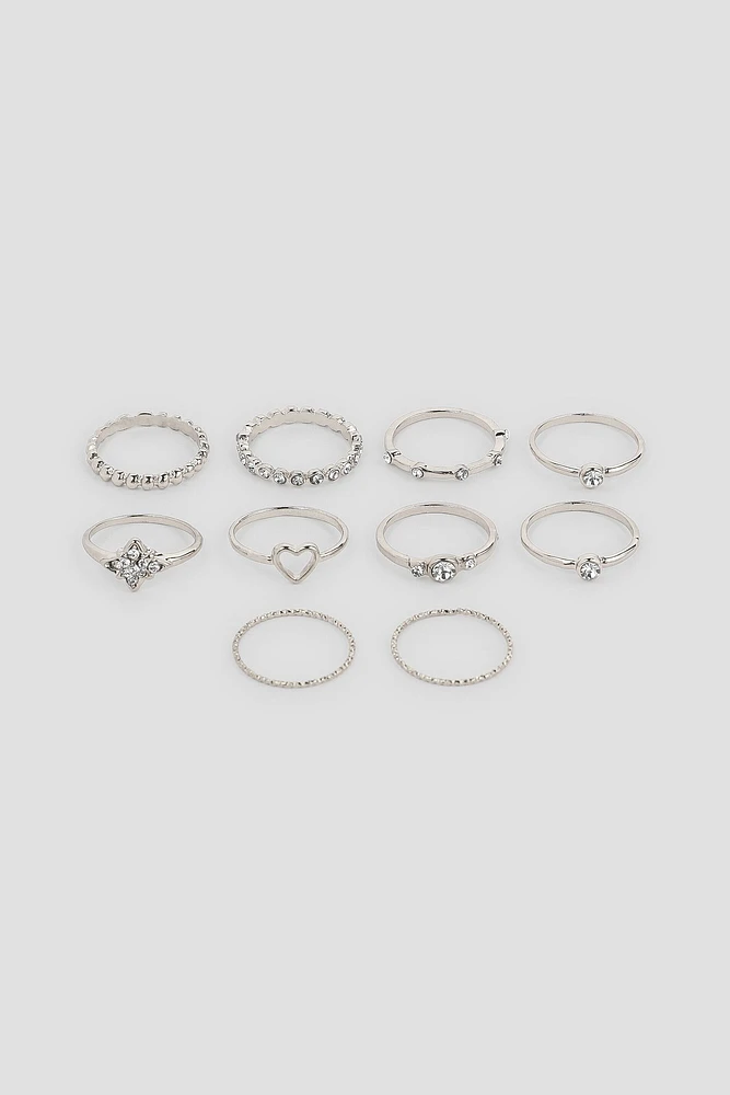 Ardene 10-Pack Gemstone Rings in Silver | Size